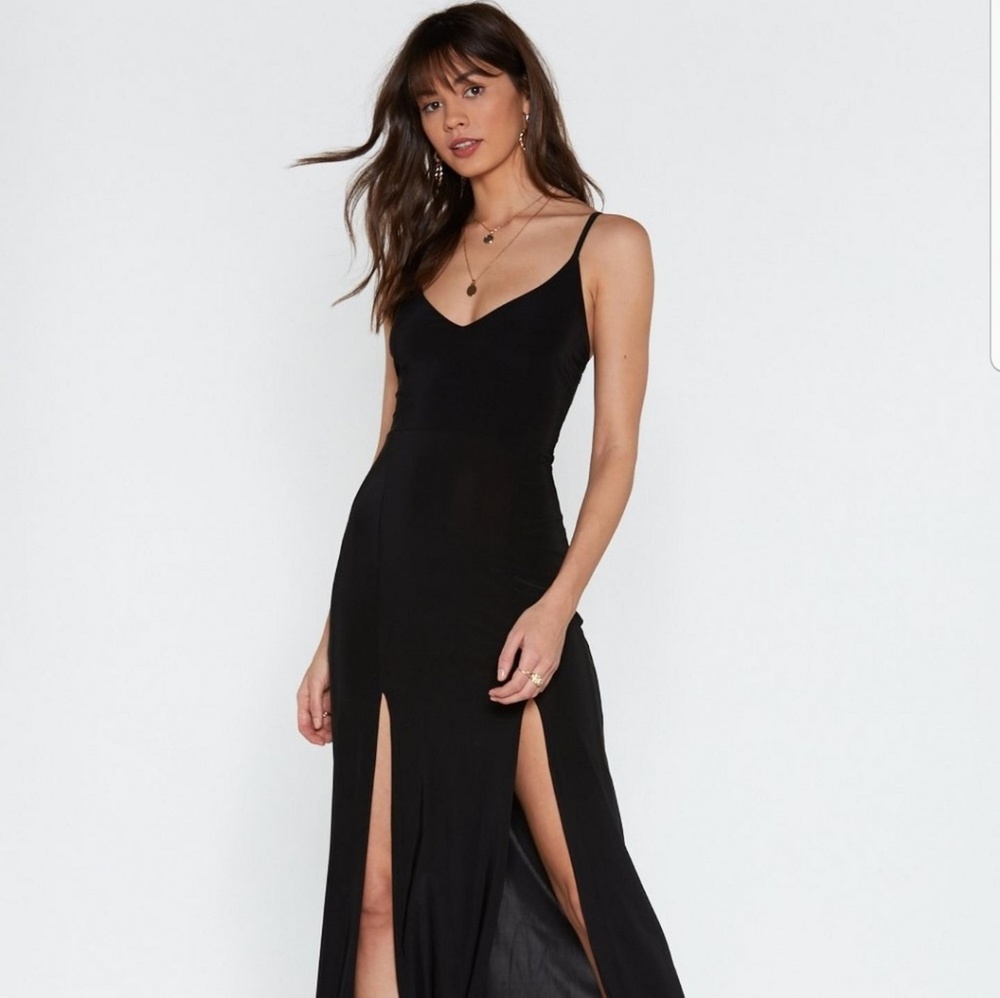 Double-Split Strappy Black Satin Maxi-Dress NWT